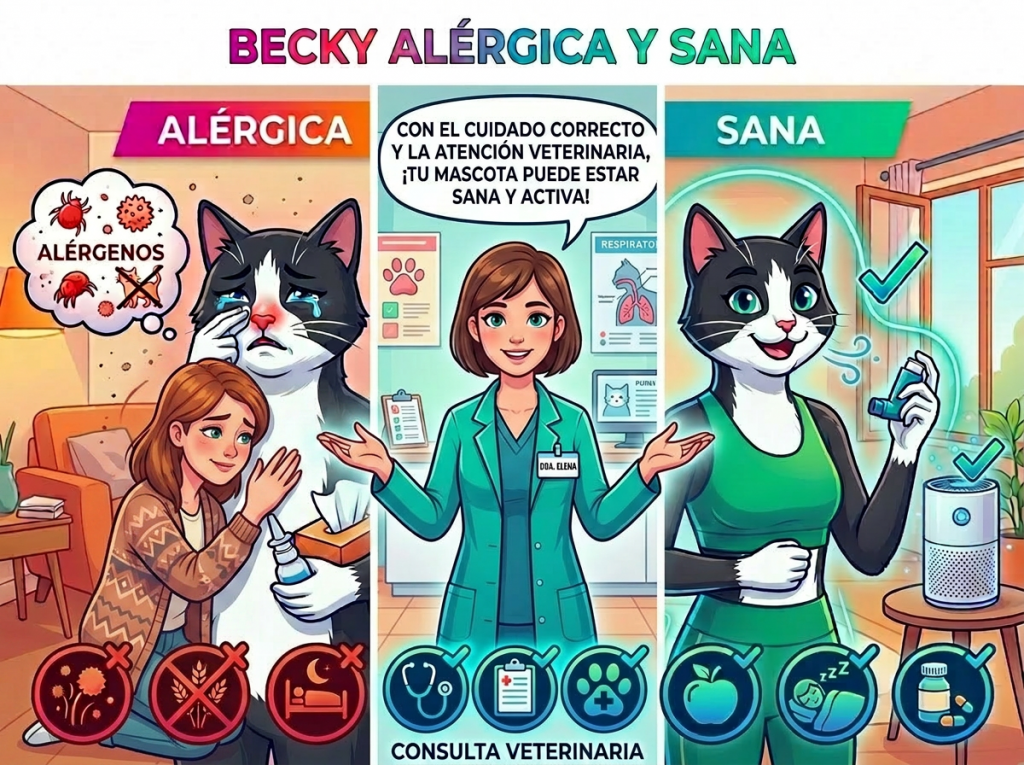 Illustration dividing Becky into allergic and healthy sides, showing allergens and remedies